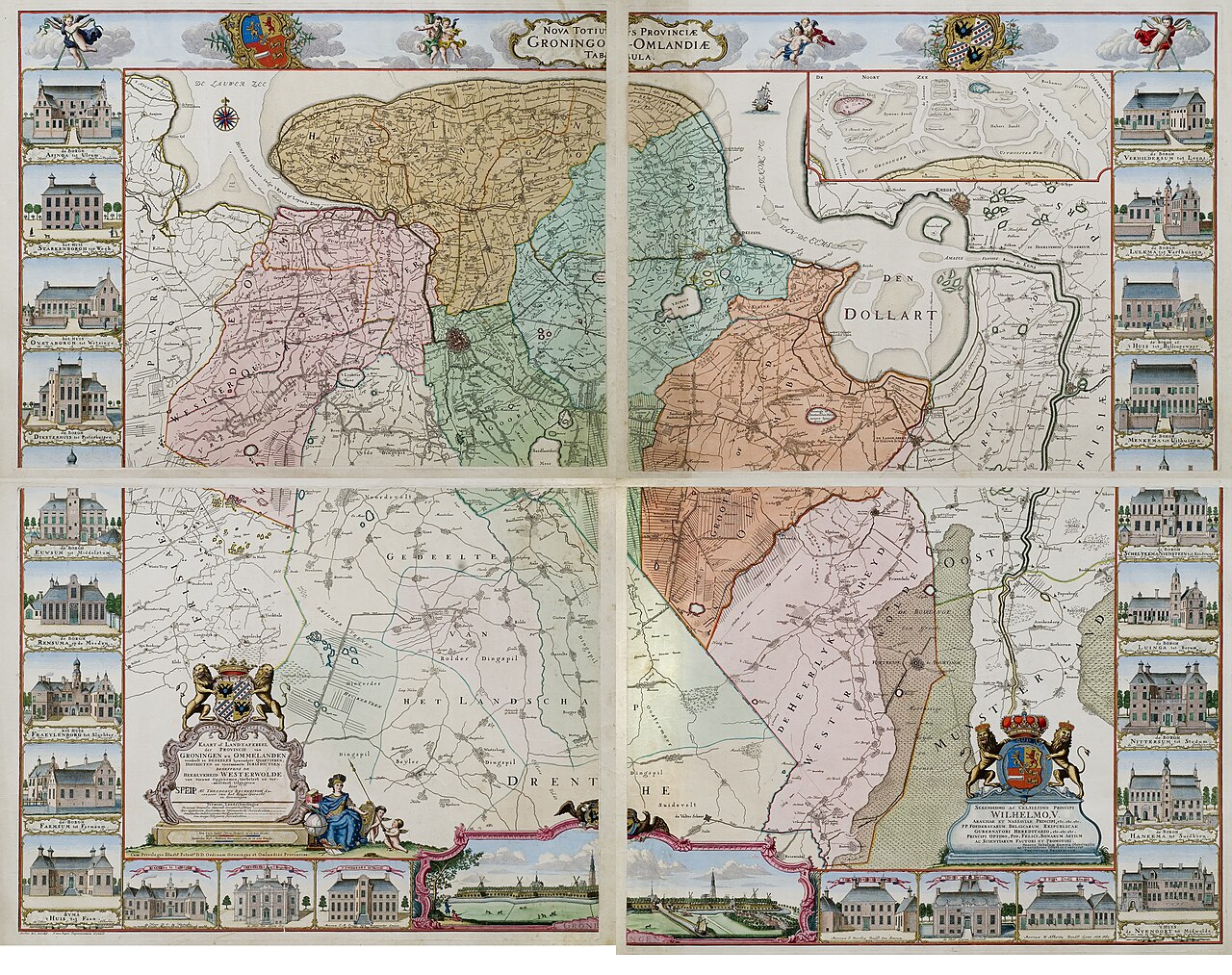 Theodorus Beckeringh's 1781 hand-colored map of Groningen province, bordered with engraved vignettes of manor houses.