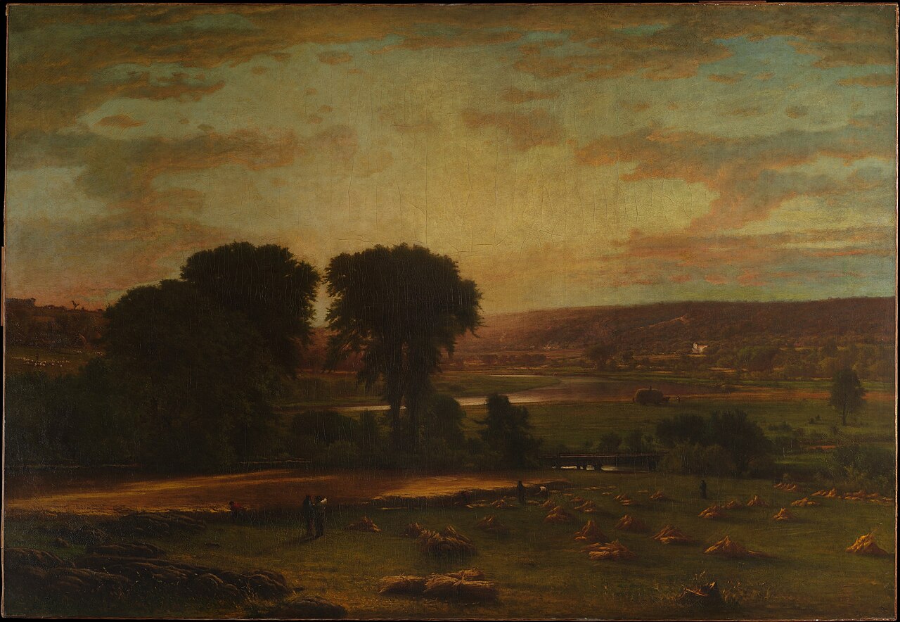 George Inness, Peace and Plenty: an American harvest valley at golden evening, wheat sheaves in the field, a river beyond.