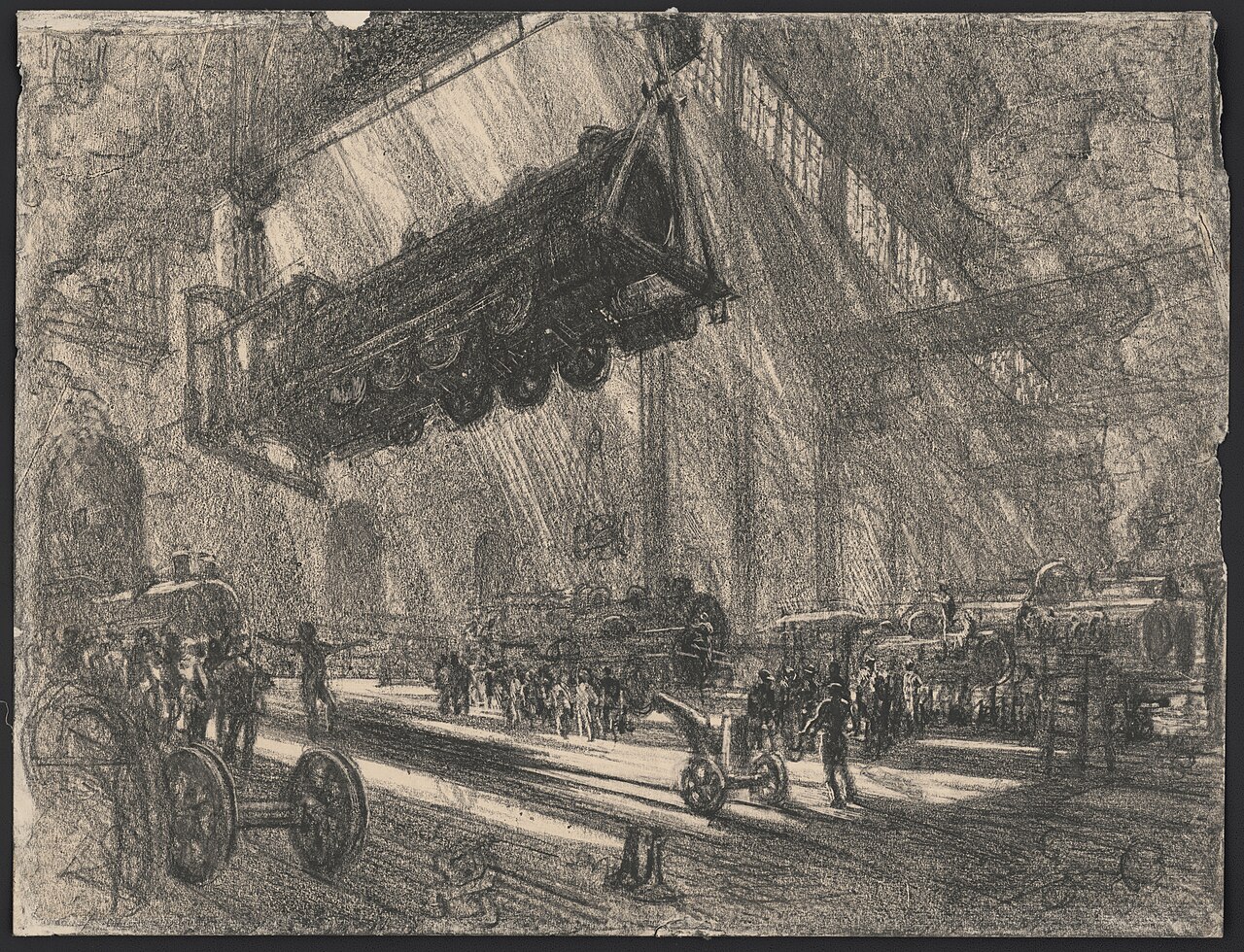 Joseph Pennell lithograph: a locomotive hoisted through the smoky air of a vast erecting shop, tiny workers below.
