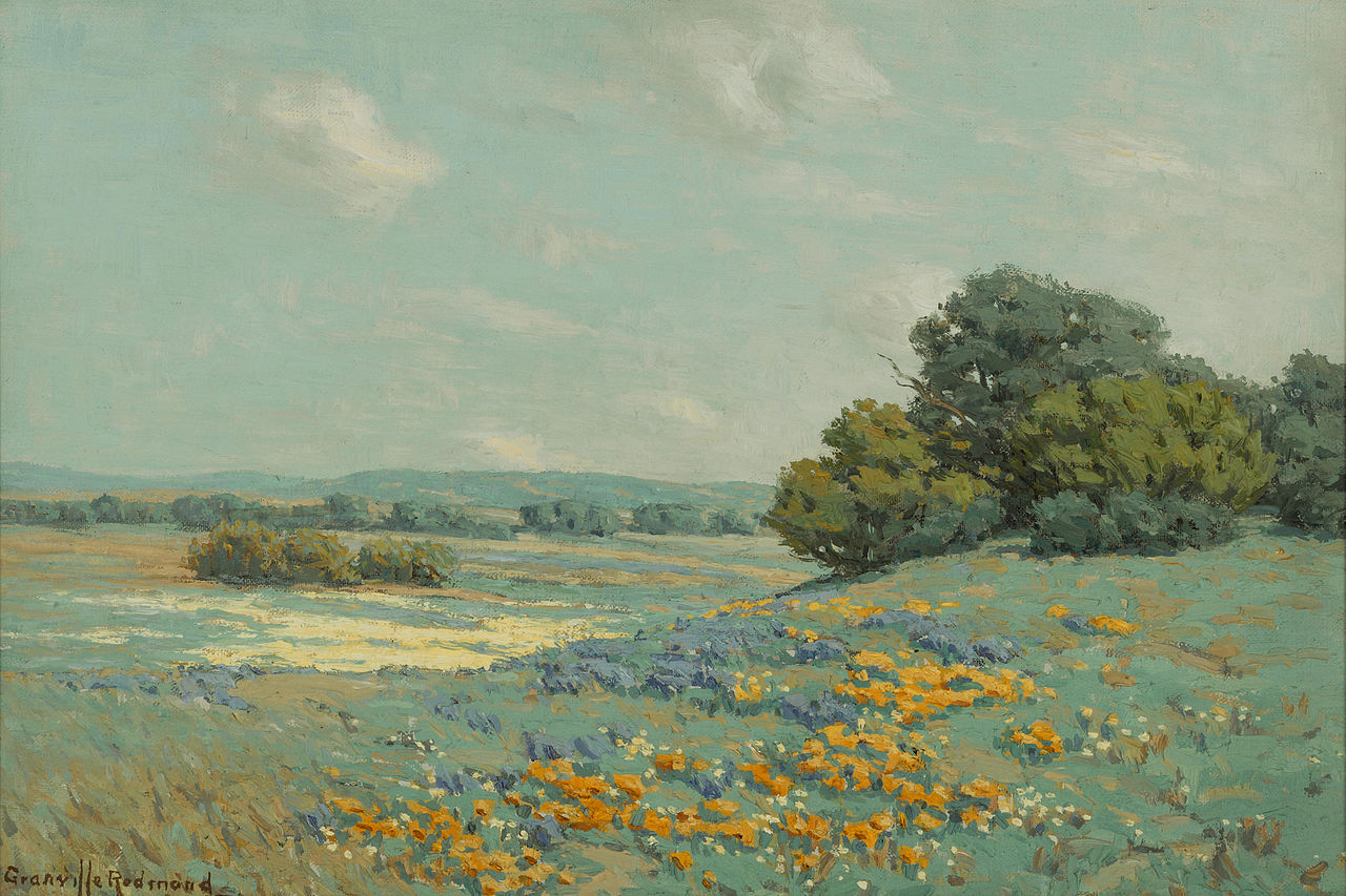 Granville Redmond, California poppy field: orange poppies and blue lupine scattered across a soft green coastal plain.