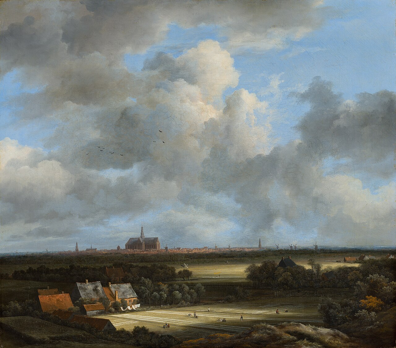 Jacob van Ruisdael's View of Haarlem: an immense cloud-filled sky over flat Dutch farmland, a distant church on the horizon.