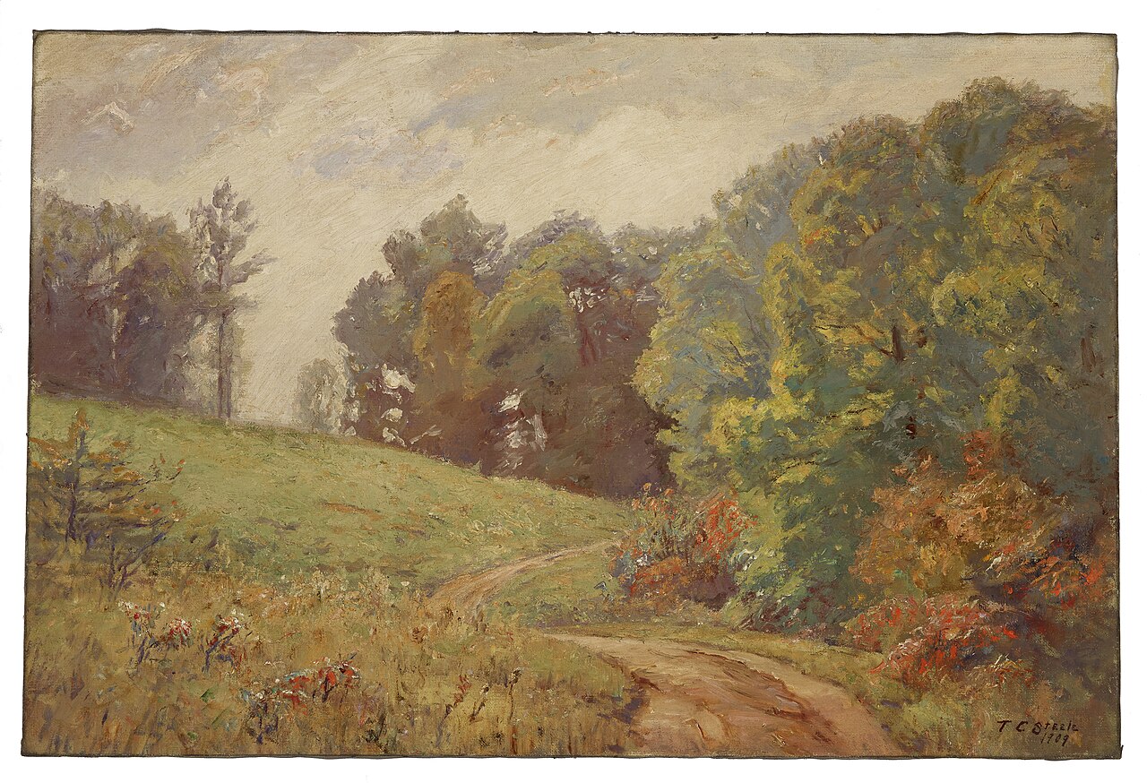 T.C. Steele, Indiana Landscape: a dirt road curving into autumn trees under a pale Indiana sky.