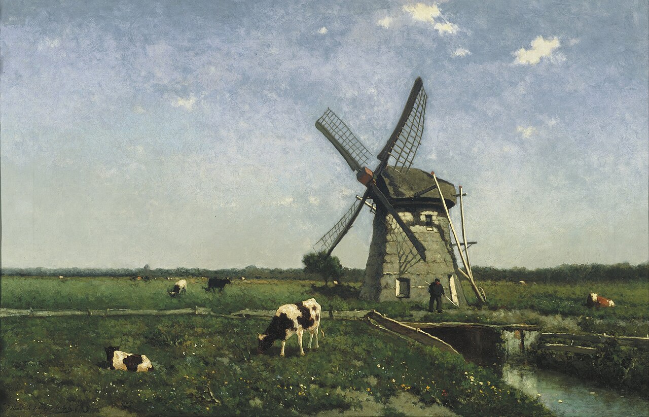 Oil painting of a Dutch polder: a stone windmill beside a ditch, grazing cattle, and a towering summer sky. Johan Hendrik Weissenbruch, 1873.